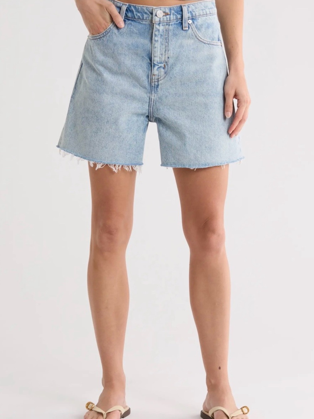 Frame Denim Light Wash High-Rise Frayed Hem Jean Shorts